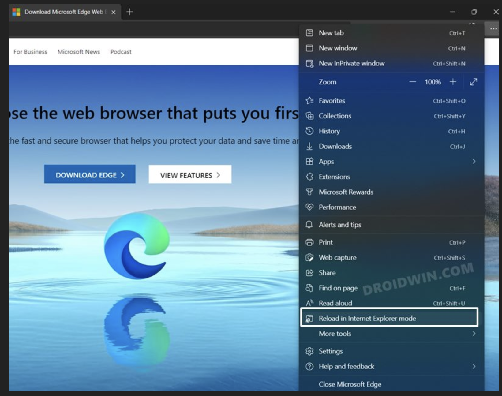 Screenshot of open in IE Mode